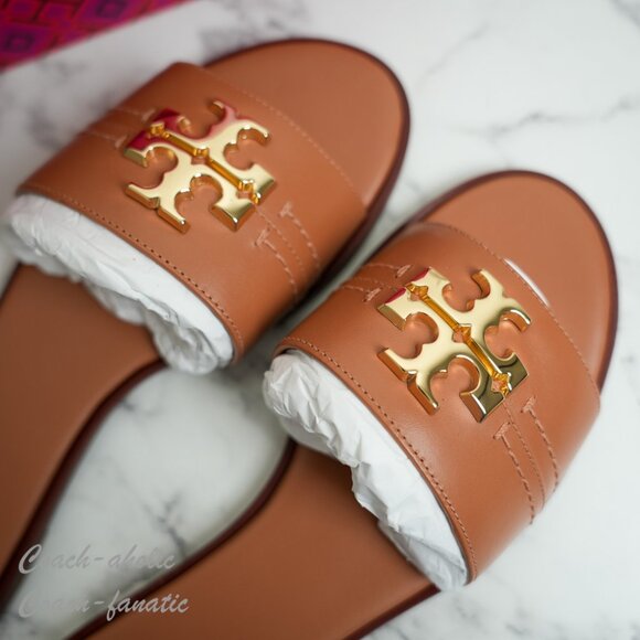 Tory Burch Everly Calf Leather Gold Logo Slide Sandals in Tan 60245 NIB - Picture 6 of 9